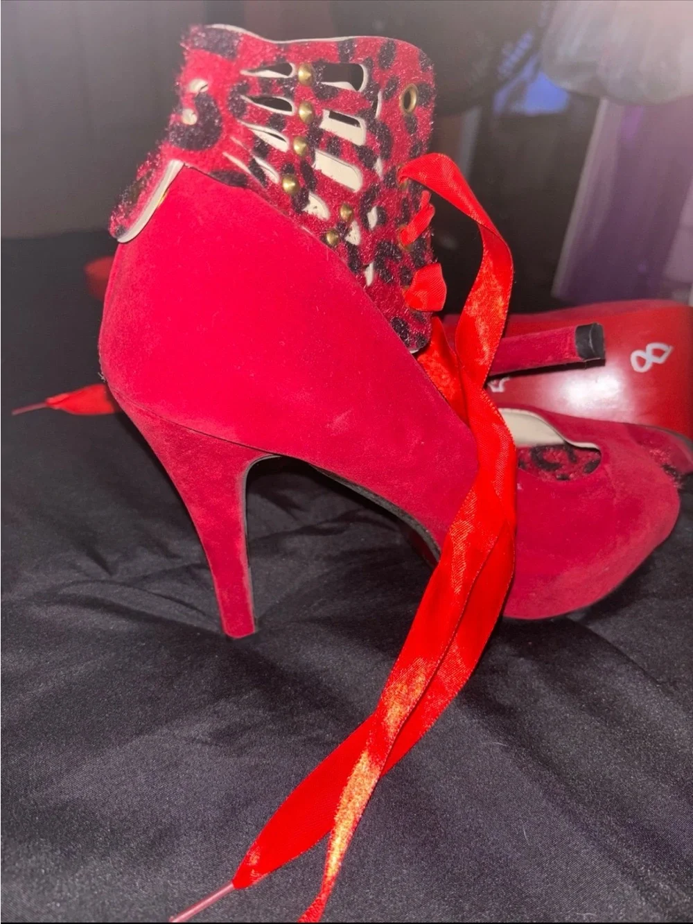 Red Satin Lace-Up Peep Toe Platform Heels